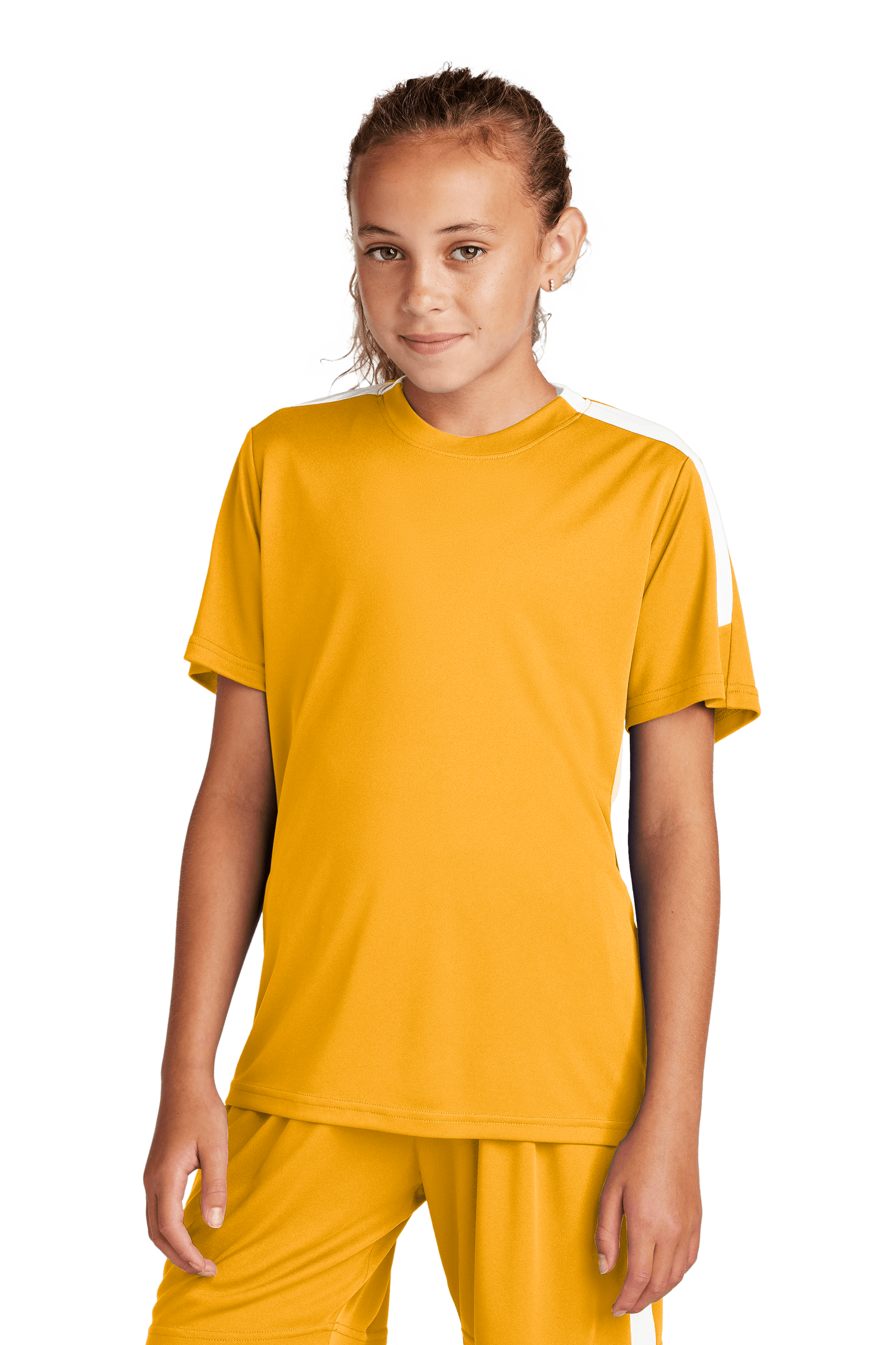 Custom youth soccer jersey by Sport-Tek featuring gold and white colors, with space for name, number, and team logo on the front.