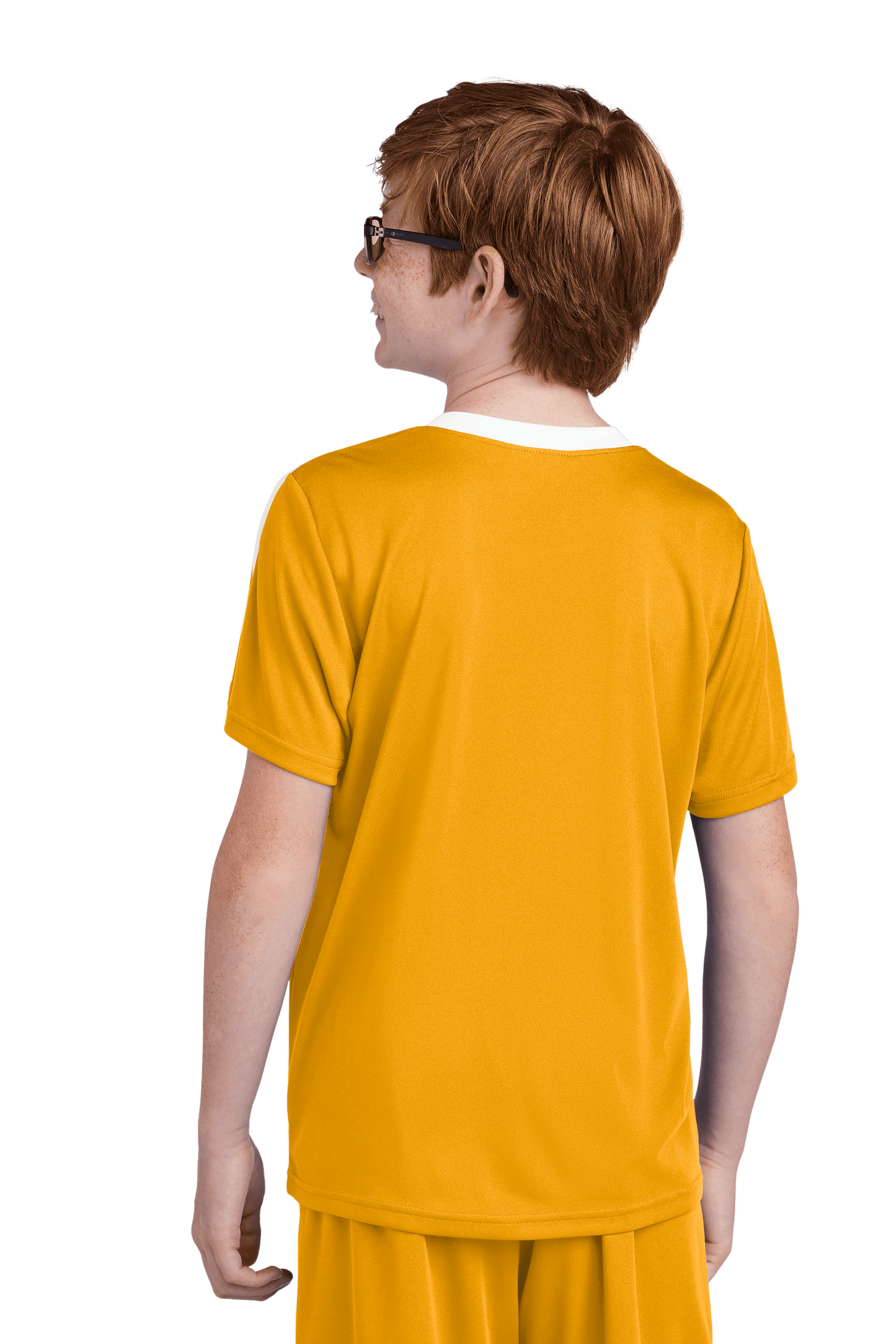 Custom youth soccer jersey by Sport-Tek with gold and white design, featuring space for name, number, and team logo.