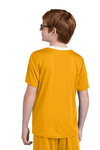 Custom youth soccer jersey by Sport-Tek with gold and white design, featuring space for name, number, and team logo.