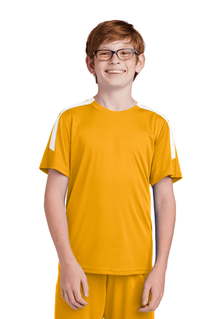 Custom youth soccer jersey by Sport-Tek with gold and white design, featuring space for name, number, and team logo.