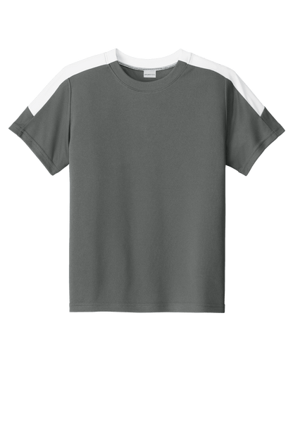 Gray and white custom youth soccer jersey by Sport-Tek with space for name, number, and team logo print.