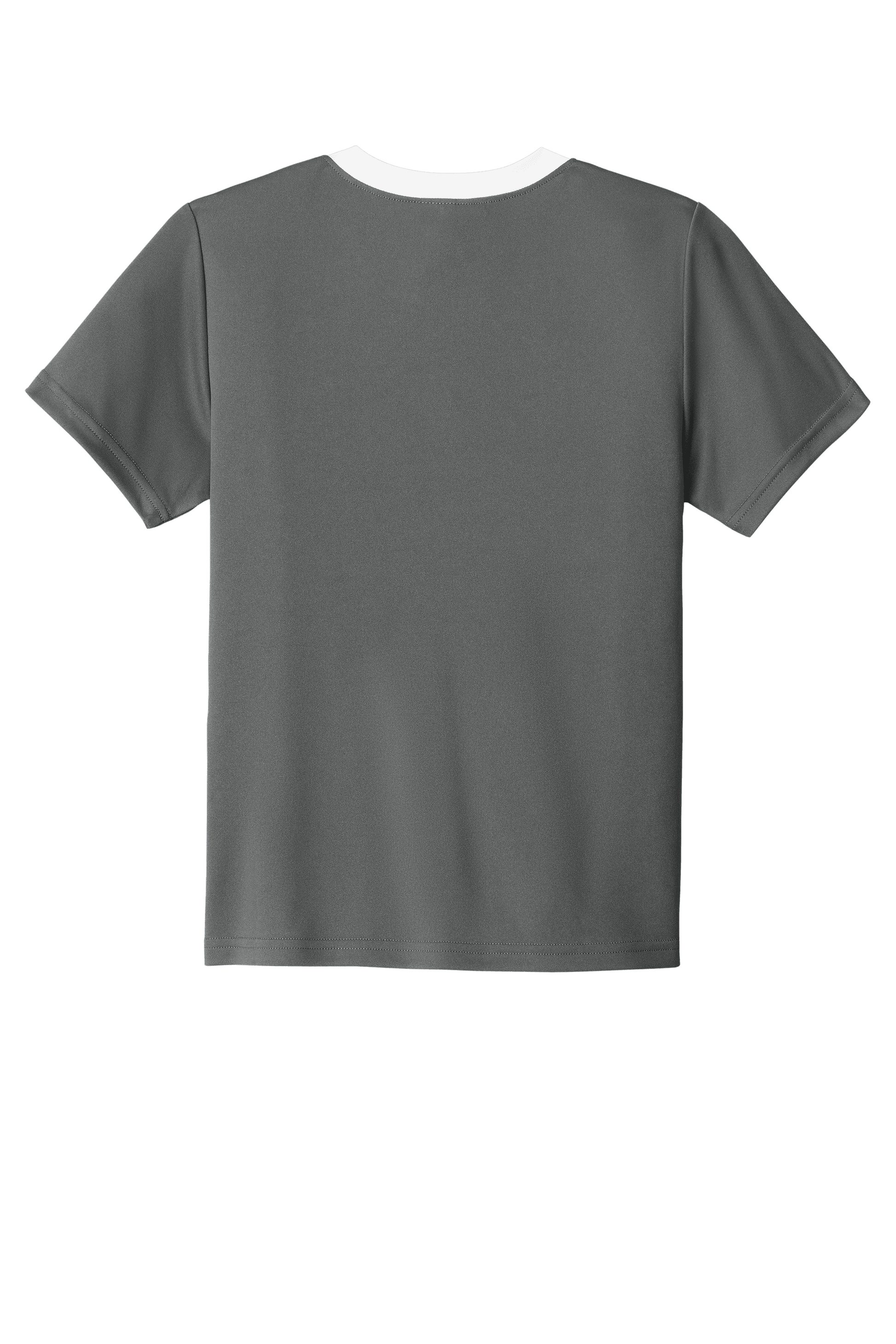 Grey and white custom youth soccer jersey by Sport-Tek with space for name, number, and team logo print on the front.