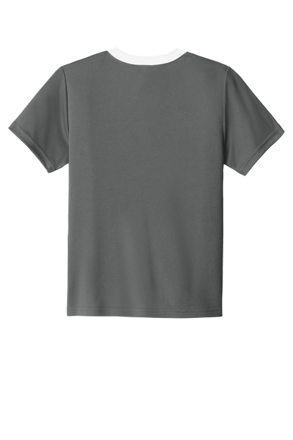 Grey and white custom youth soccer jersey by Sport-Tek with space for name, number, and team logo print on the front.