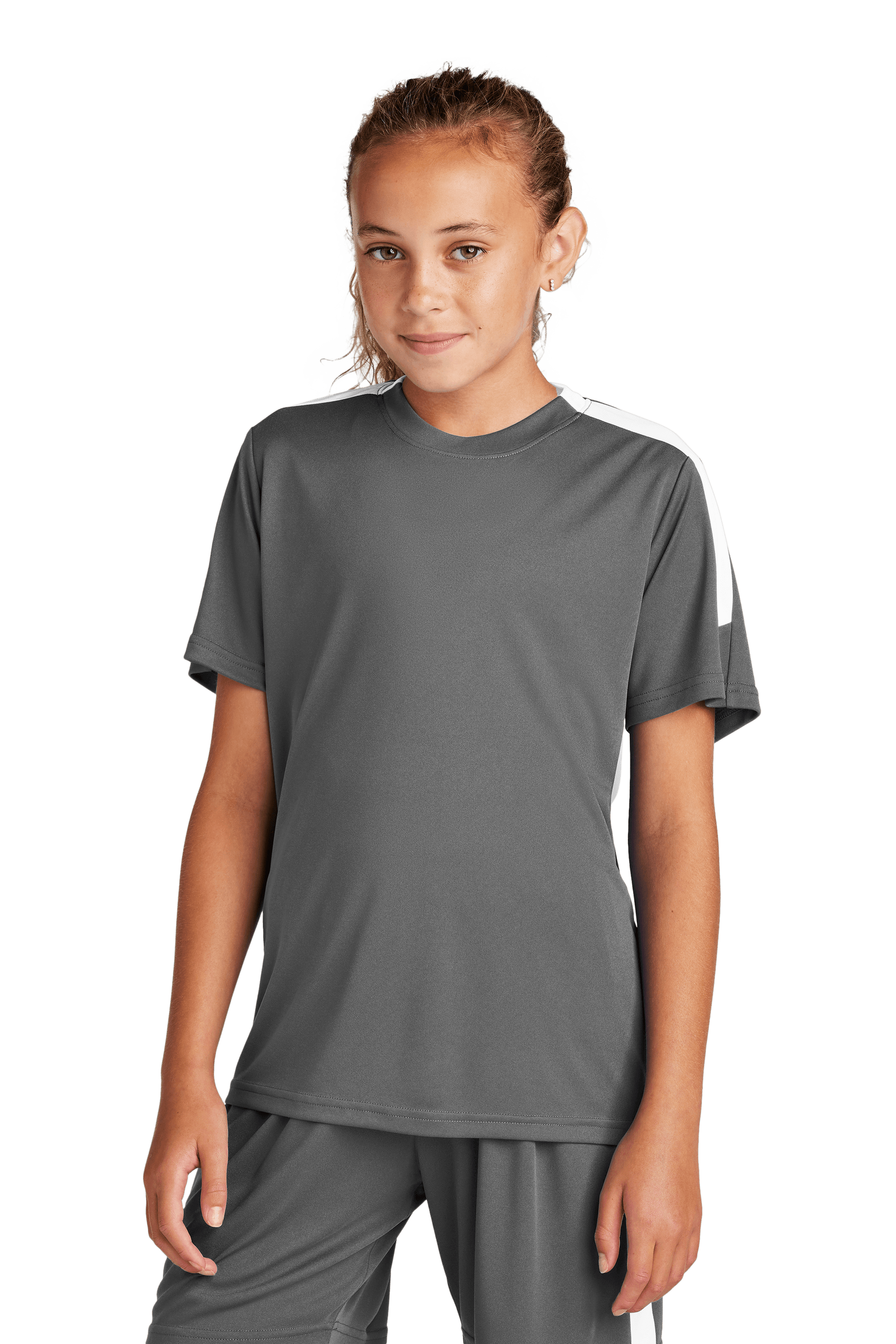 Gray and white custom youth soccer jersey by Sport-Tek with space for name, number, and team logo on the front.