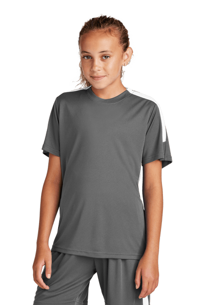 Gray and white custom youth soccer jersey by Sport-Tek with space for name, number, and team logo on the front.