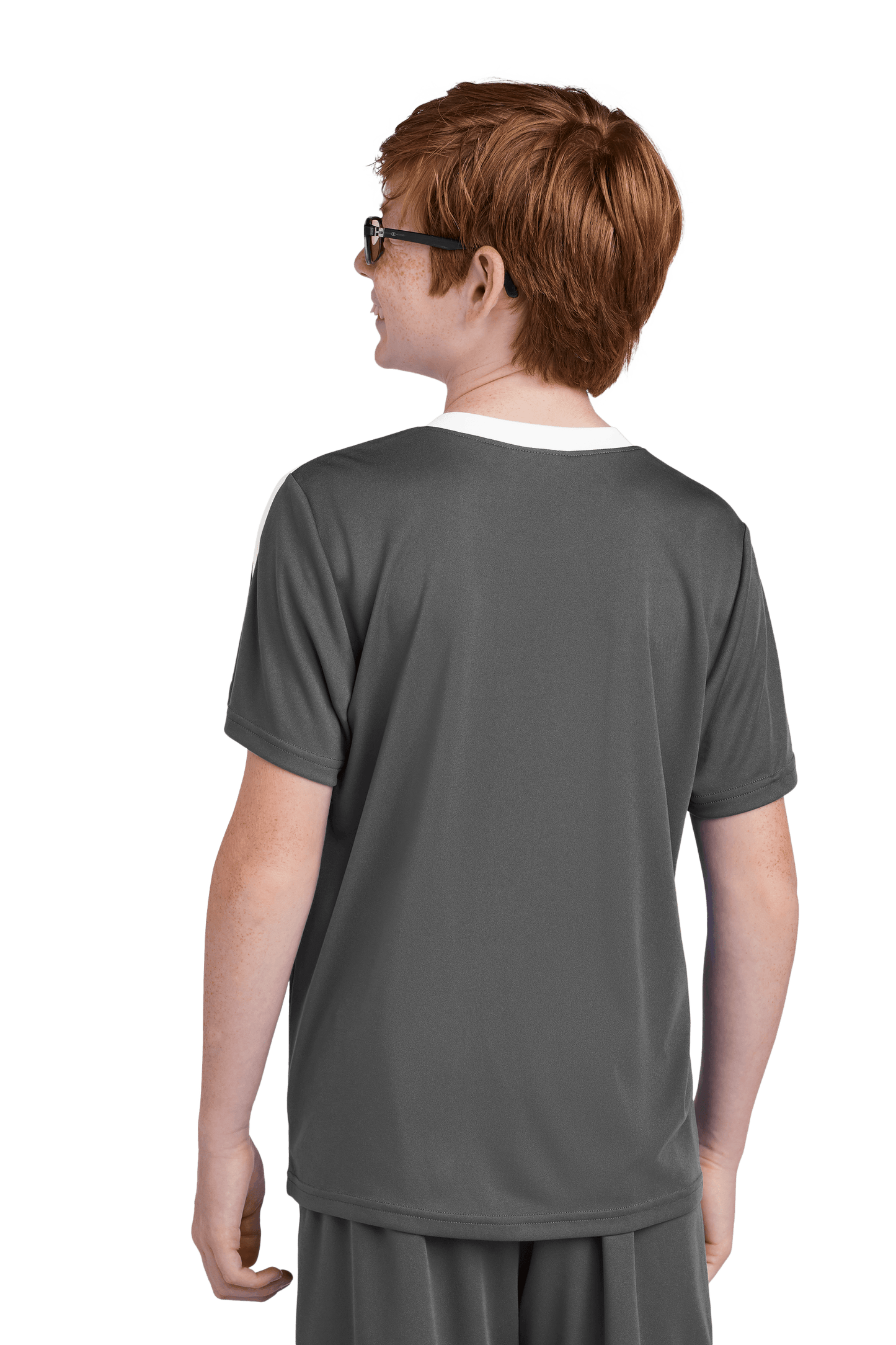 Gray and white custom youth soccer jersey by Sport-Tek with space for name, number, and team logo, shown from the back.