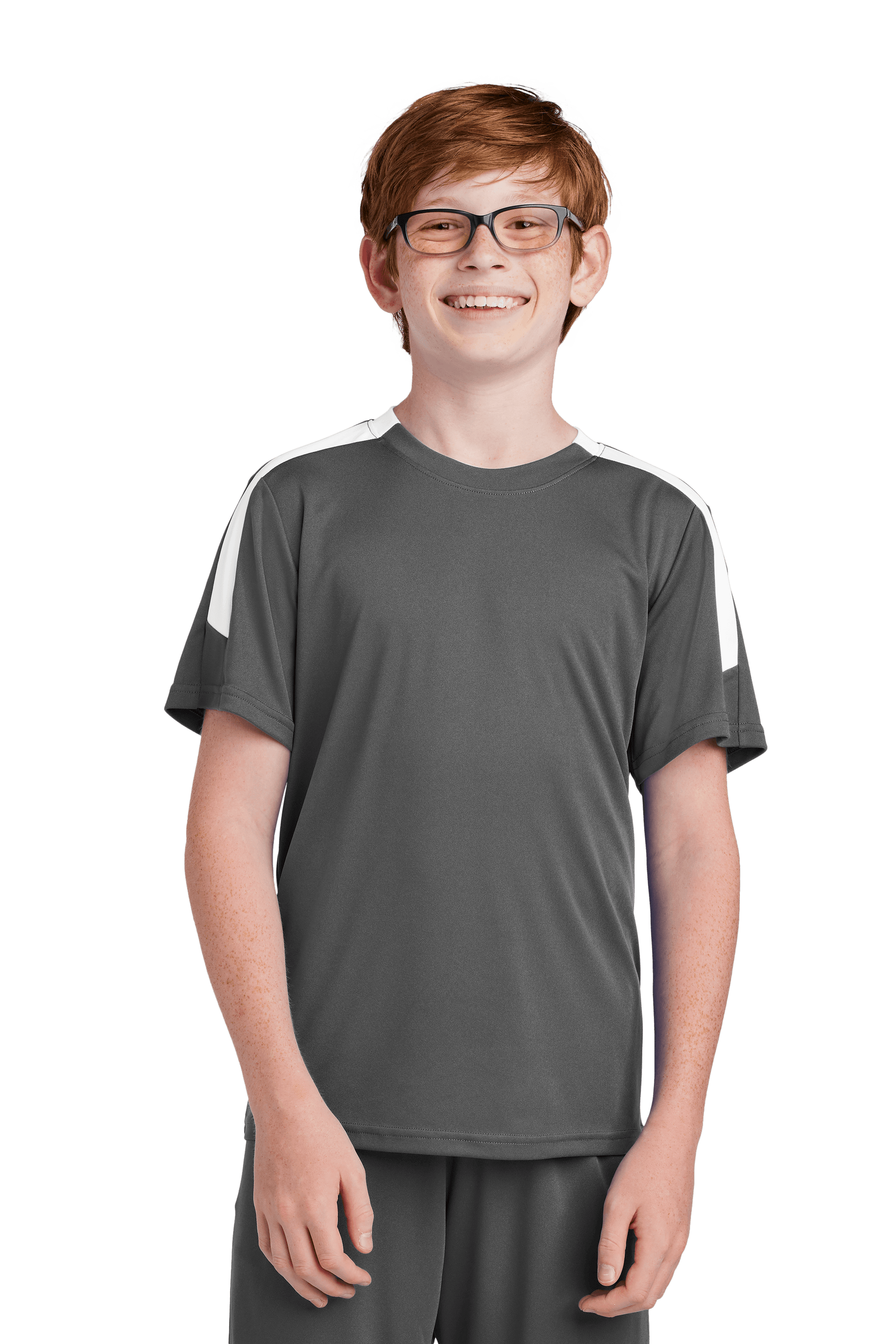 Custom grey and white youth soccer jersey by Sport-Tek with space for name, number, and team logo on the front.
