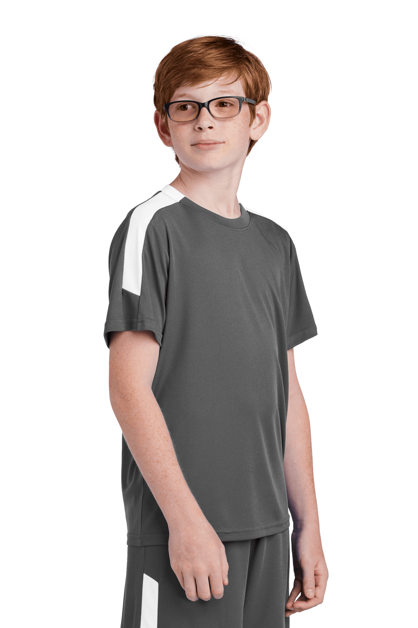 Gray custom youth soccer jersey by Sport-Tek with white accents, side view showing team logo, name, and number print options.
