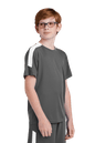 Gray custom youth soccer jersey by Sport-Tek with white accents, side view showing team logo, name, and number print options.