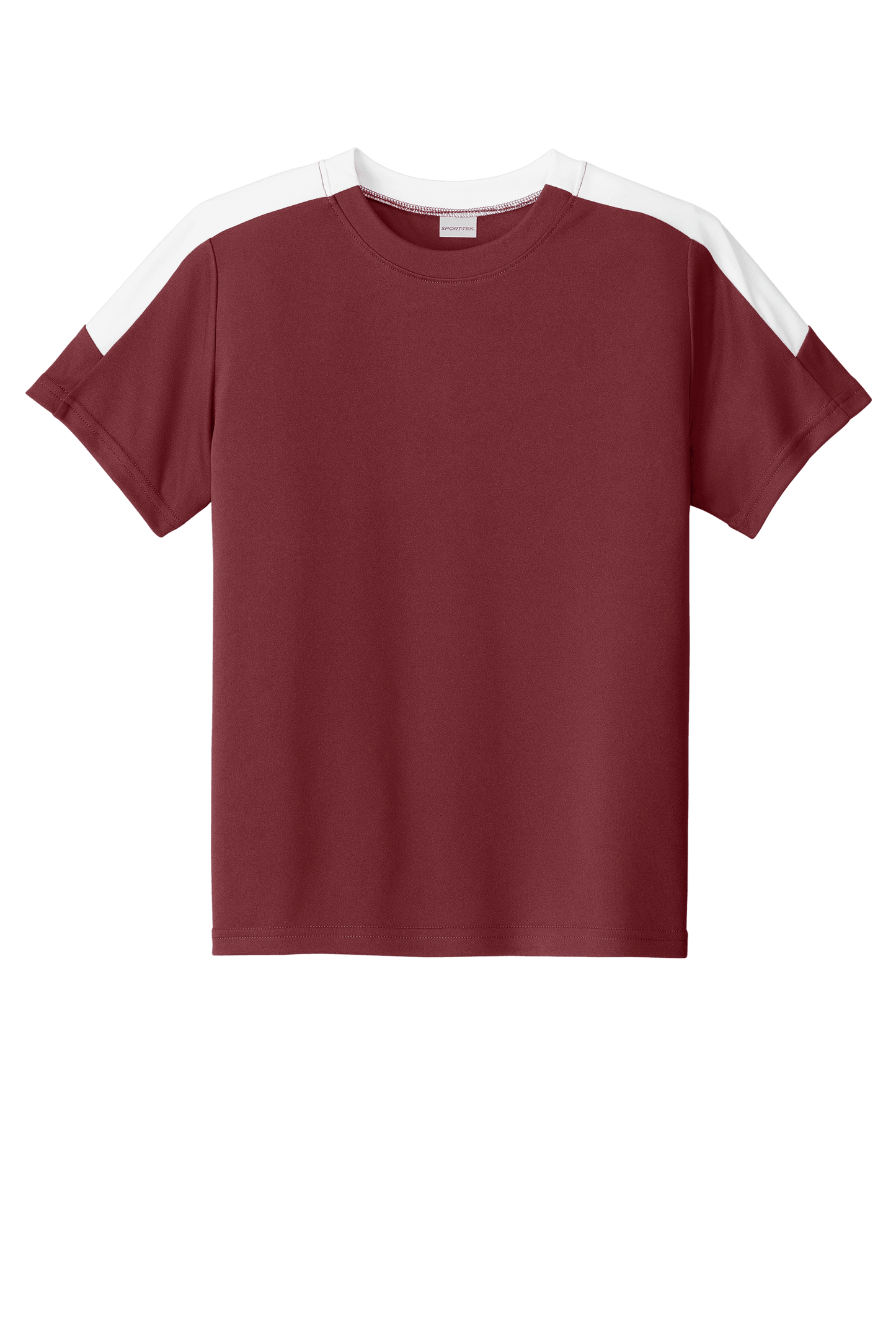 Maroon and white custom youth soccer jersey by Sport-Tek with space for name, number, and team logo.