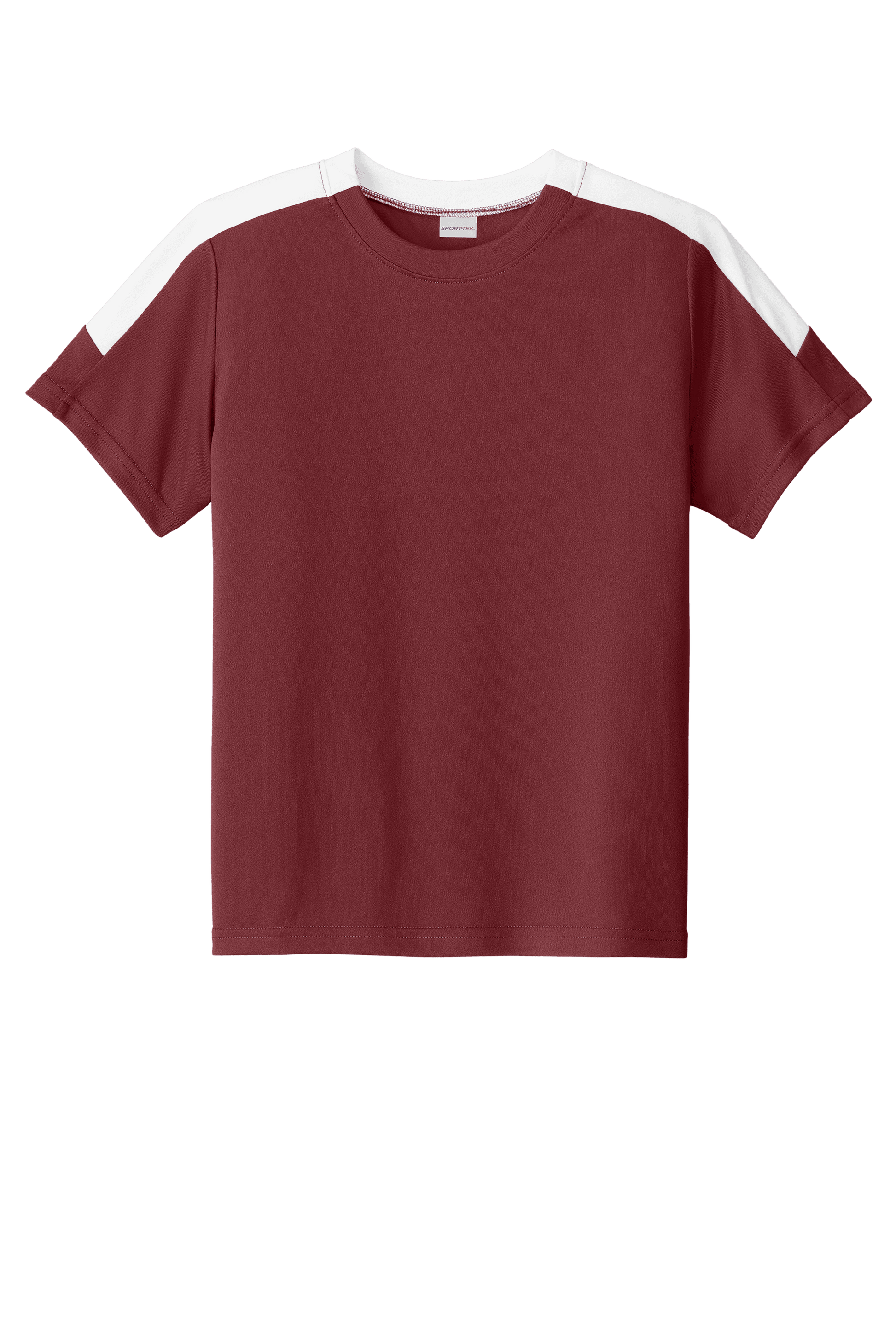 Maroon and white custom youth soccer jersey by Sport-Tek with space for name, number, and team logo.