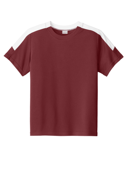 Maroon and white custom youth soccer jersey by Sport-Tek with space for name, number, and team logo.