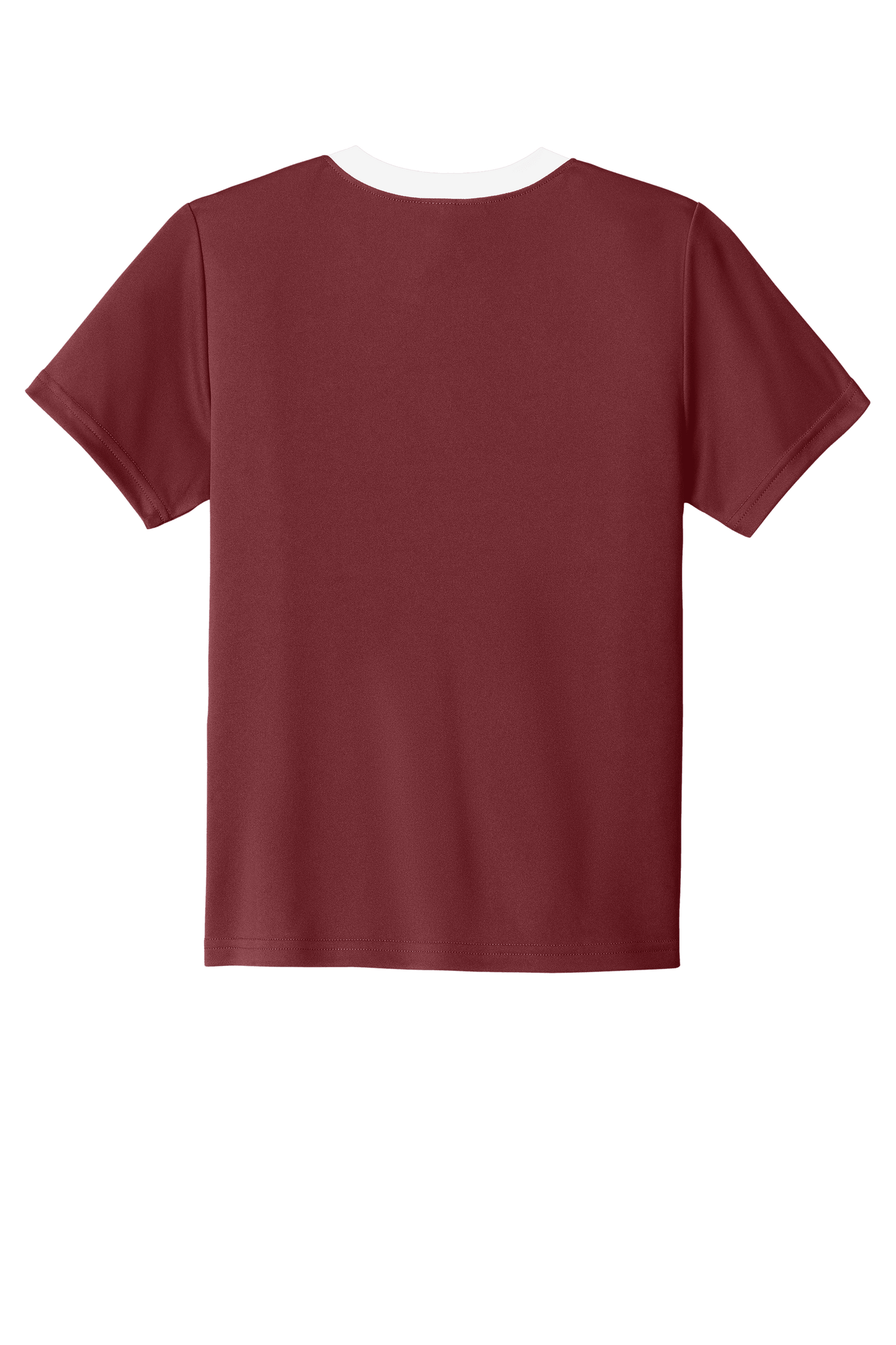 Maroon and white custom youth soccer jersey by Sport-Tek with team logo, name, and number printed on the back.