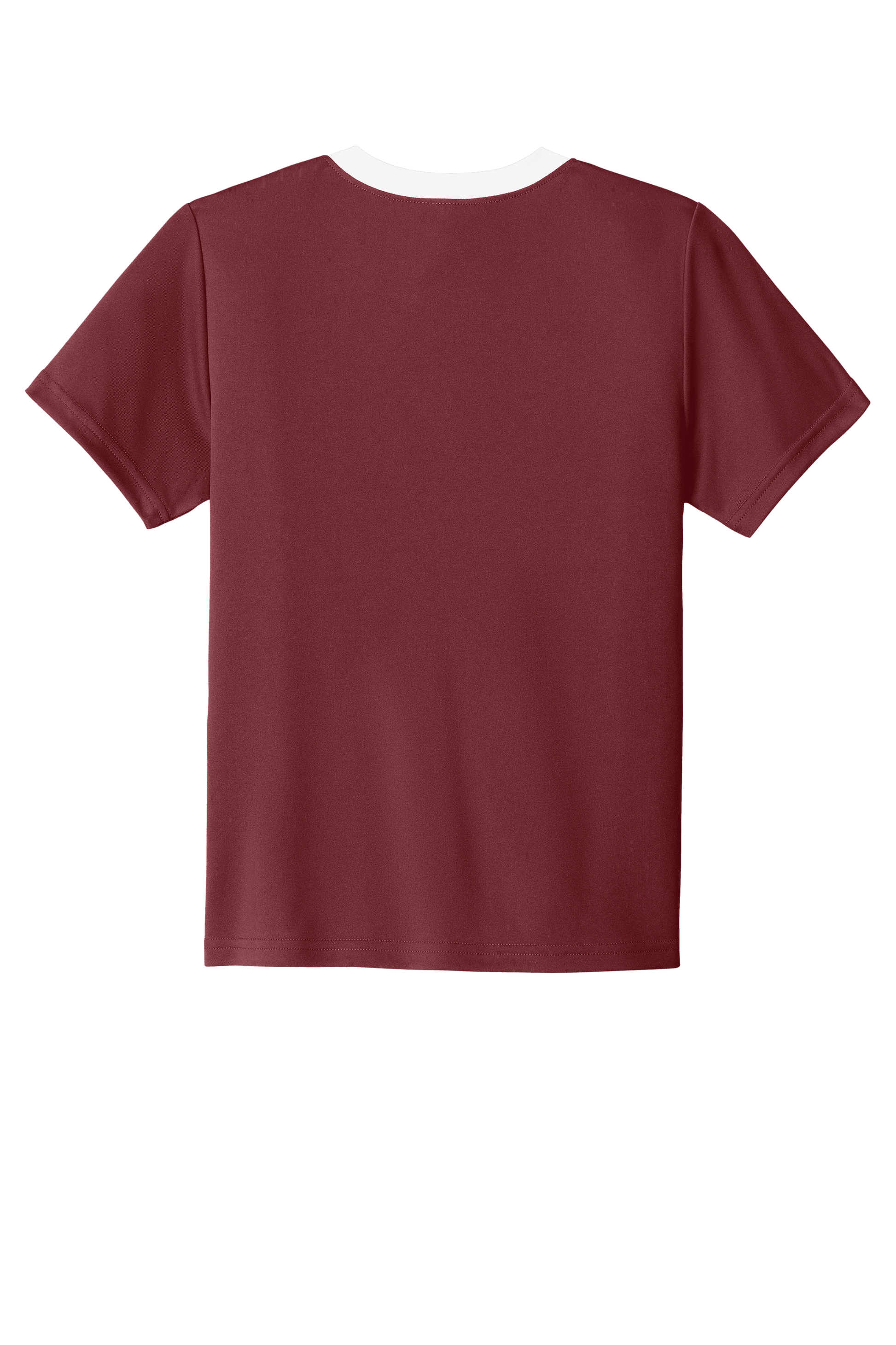 Maroon and white custom youth soccer jersey by Sport-Tek with team logo, name, and number printed on the back.