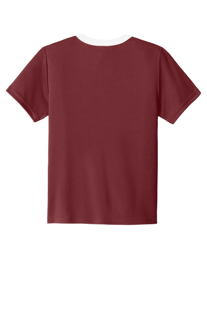 Maroon and white custom youth soccer jersey by Sport-Tek with team logo, name, and number printed on the back.
