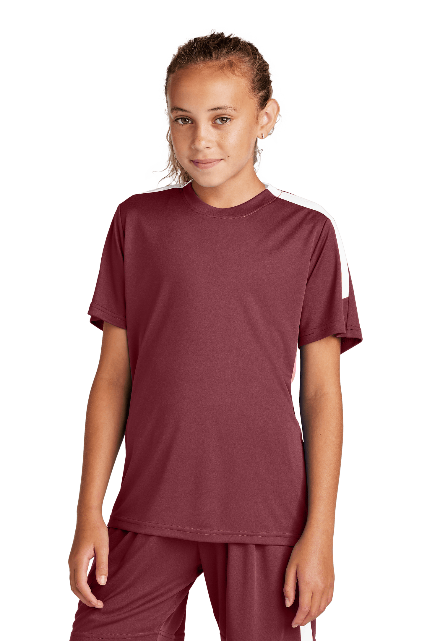 Maroon and white custom youth soccer jersey by Sport-Tek with space for name, number, and team logo, front view.
