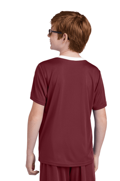 Maroon and white custom youth soccer jersey by Sport-Tek with space for name, number, and team logo on the back.