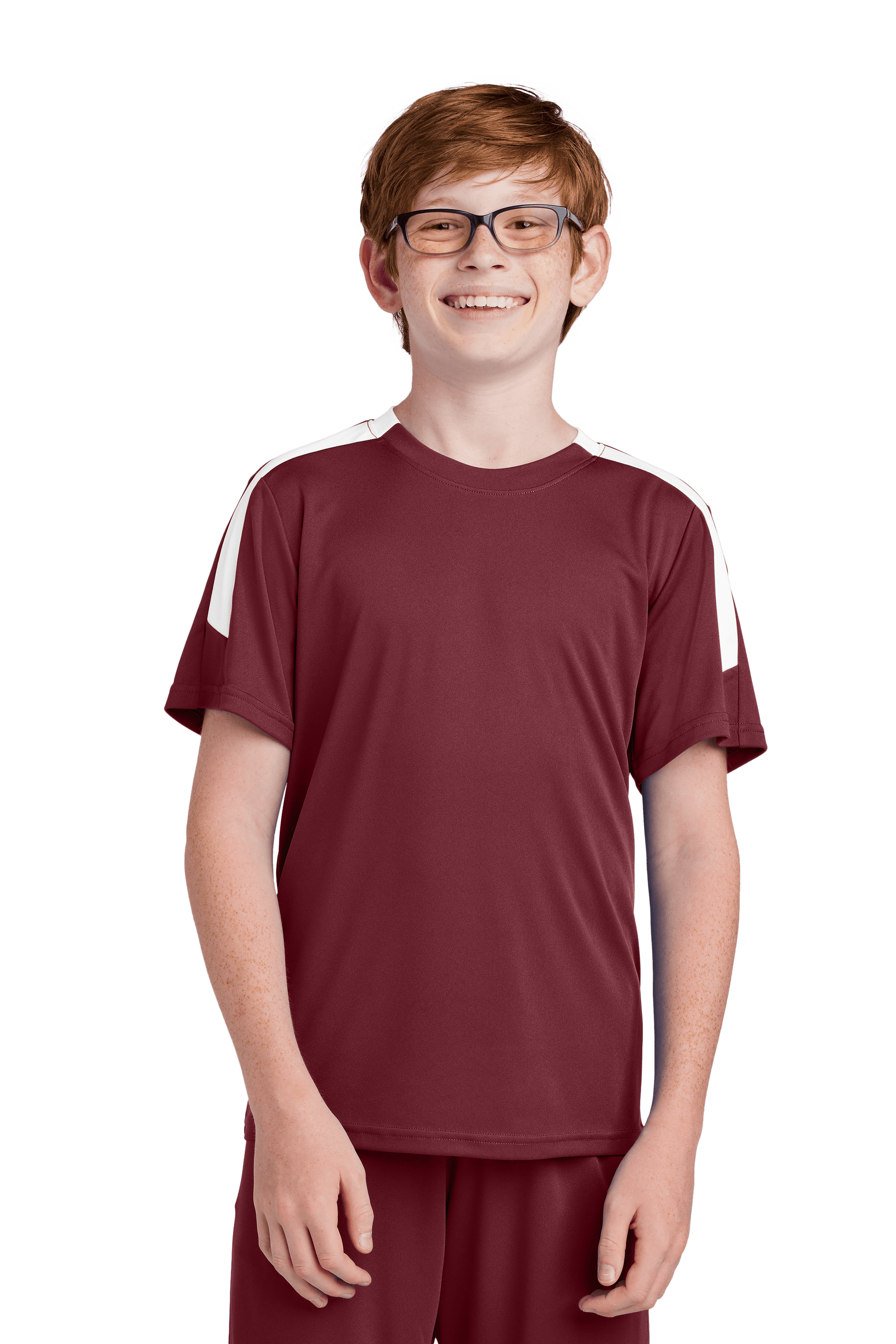 Maroon and white custom youth soccer jersey by Sport-Tek with team logo, name, and number printed on the front.
