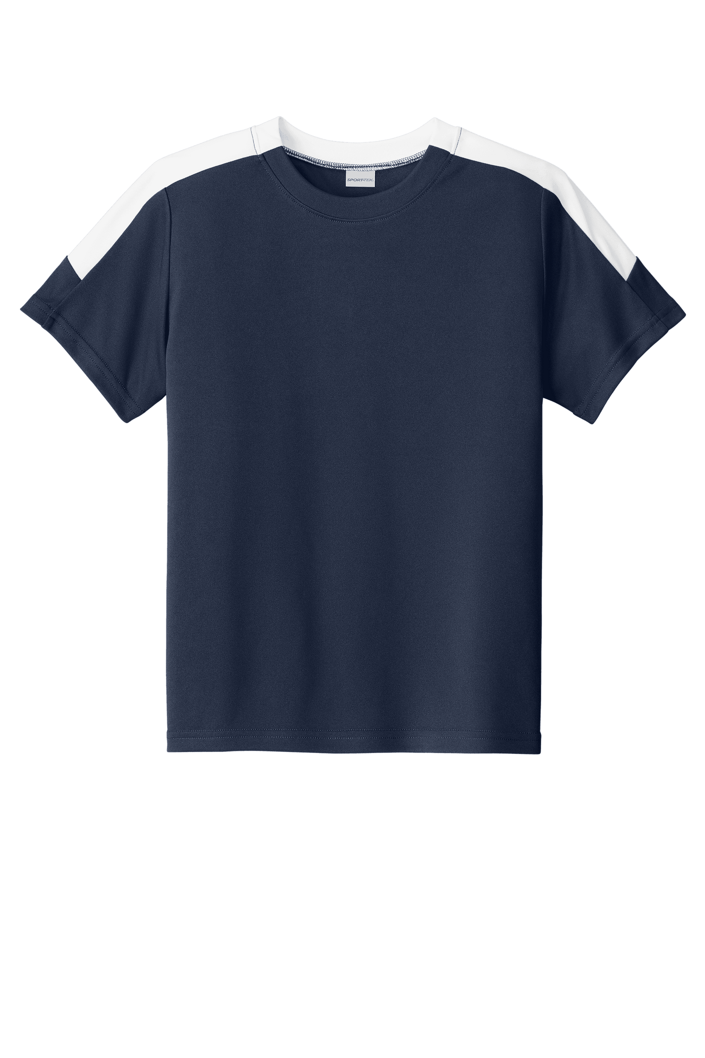 Navy and white youth soccer jersey by Sport-Tek with customizable name, number, and team logo print.