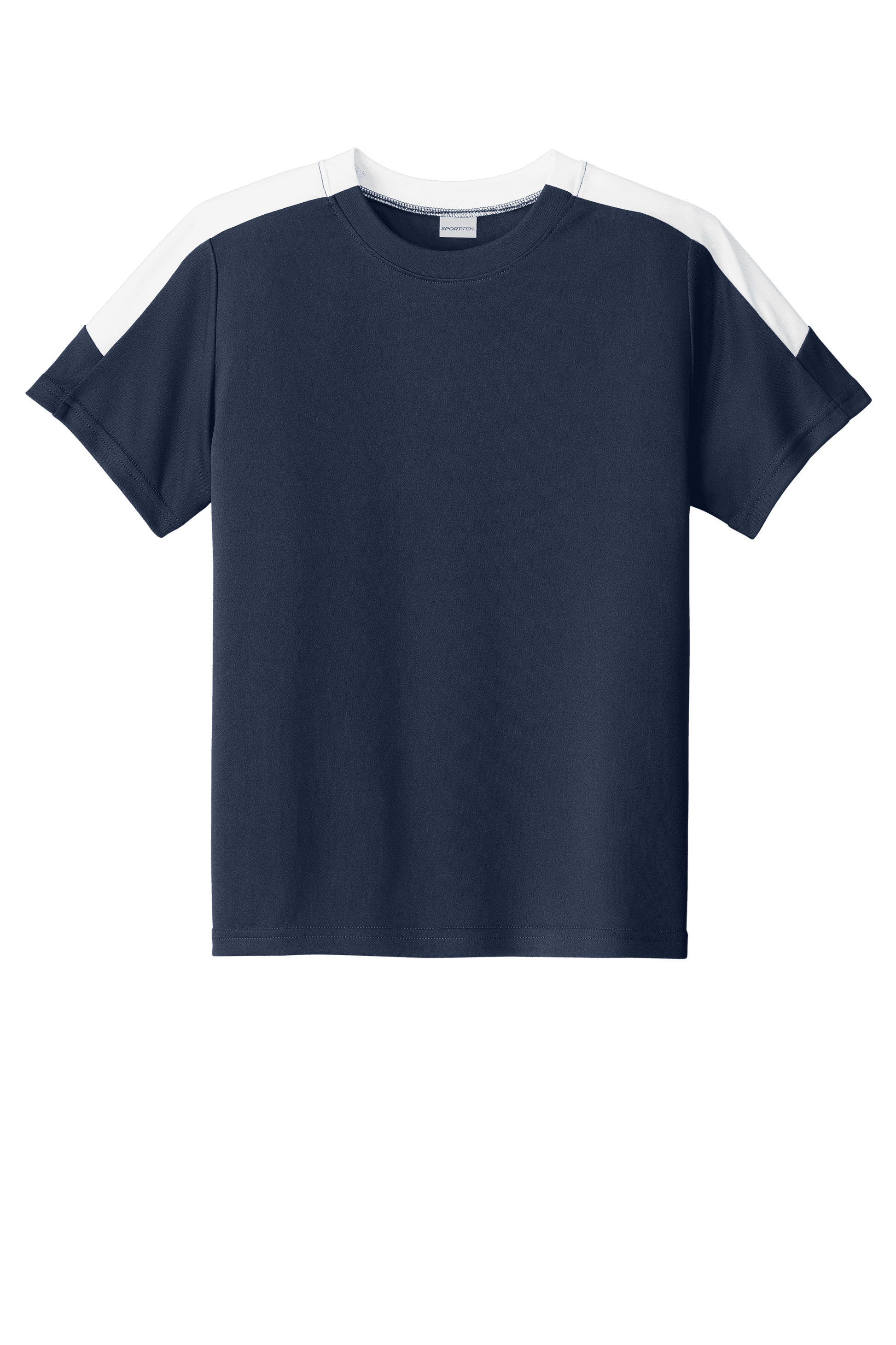 Navy and white youth soccer jersey by Sport-Tek with customizable name, number, and team logo print.