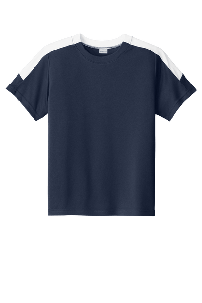 Navy and white youth soccer jersey by Sport-Tek with customizable name, number, and team logo print.