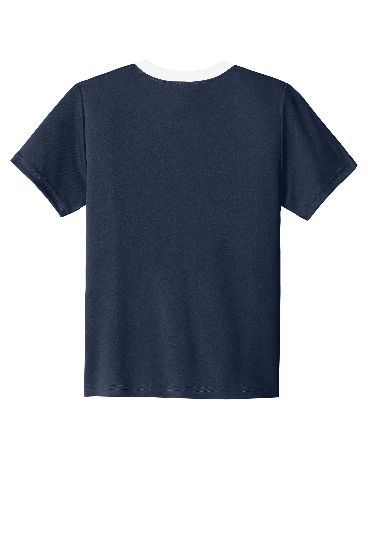 Navy and white custom youth soccer jersey by Sport-Tek with space for name, number, and team logo, shown from the back.