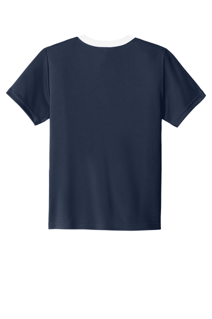 Navy and white custom youth soccer jersey by Sport-Tek with space for name, number, and team logo, shown from the back.