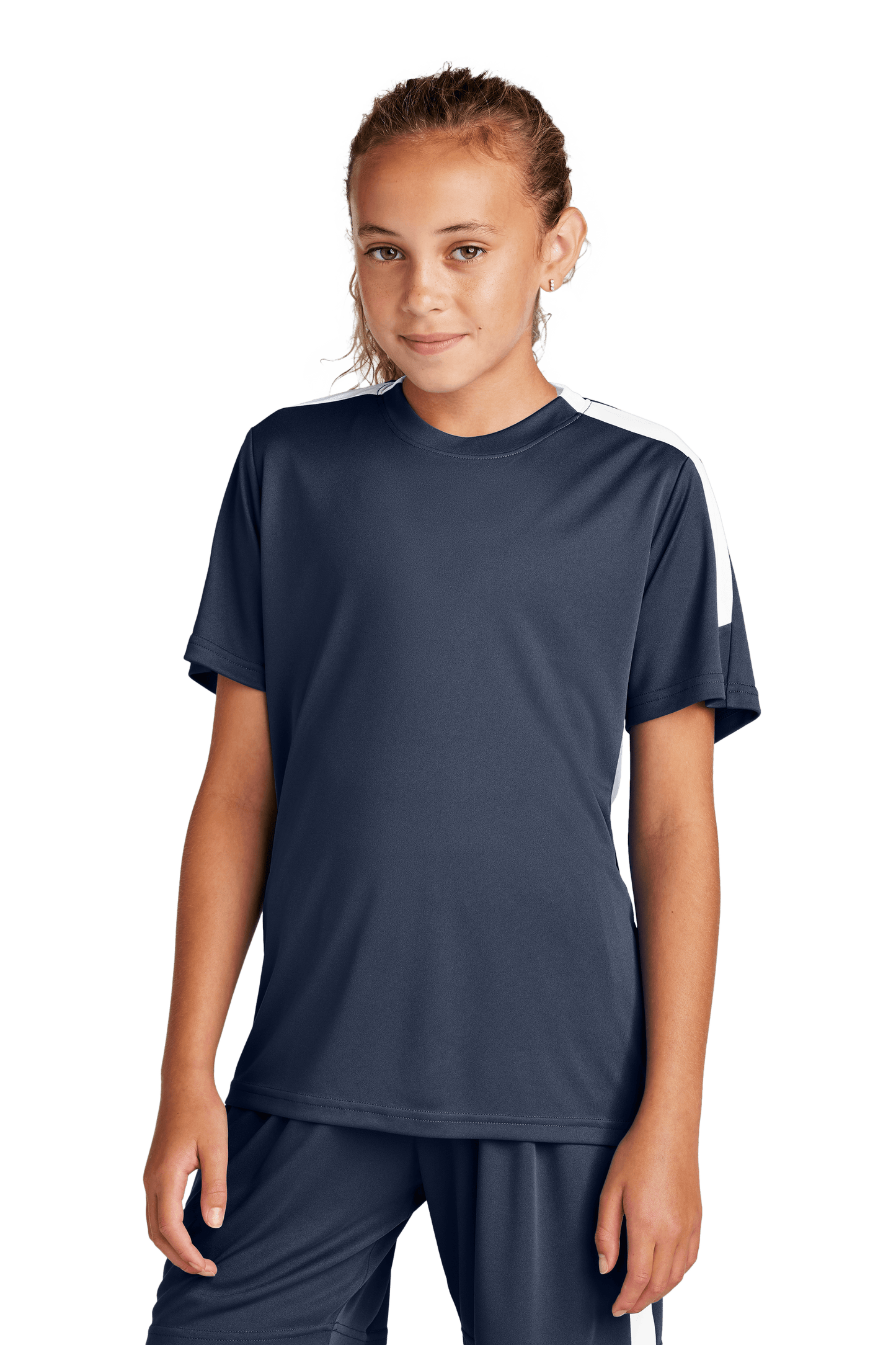 Navy and white custom youth soccer jersey by Sport-Tek with space for name, number, and team logo, front view.