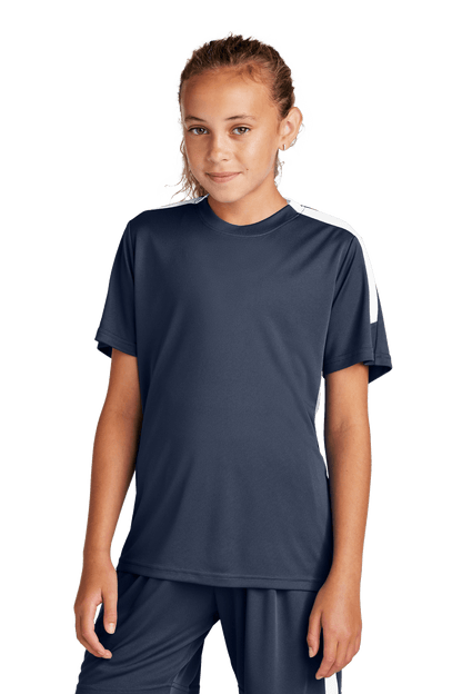 Navy and white custom youth soccer jersey by Sport-Tek with space for name, number, and team logo, front view.