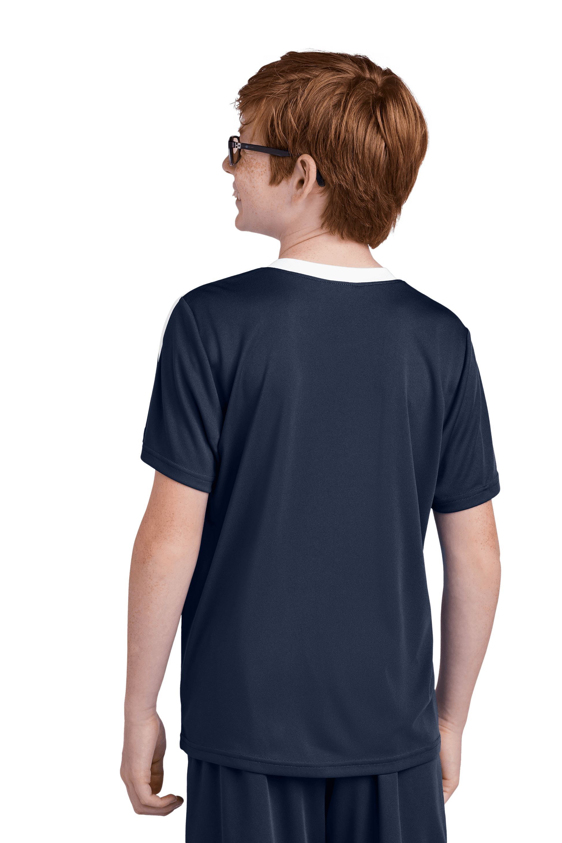 Navy and white custom youth soccer jersey by Sport-Tek with space for name, number, and team logo, shown from the back.