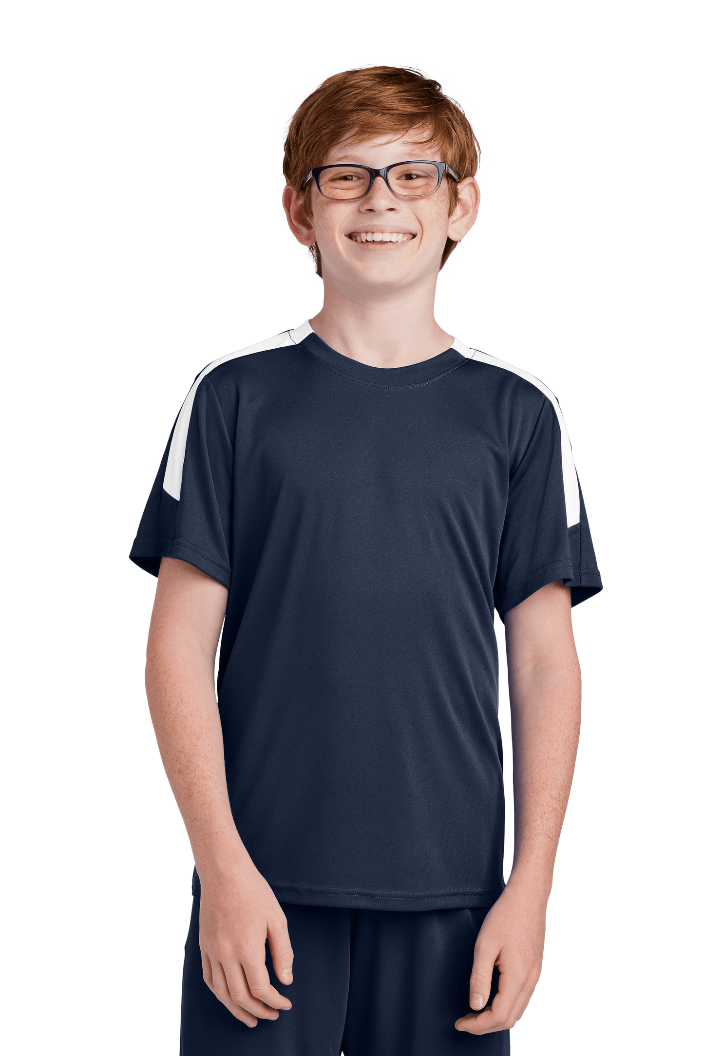 Navy and white custom youth soccer jersey by Sport-Tek with space for name, number, and team logo on the front.