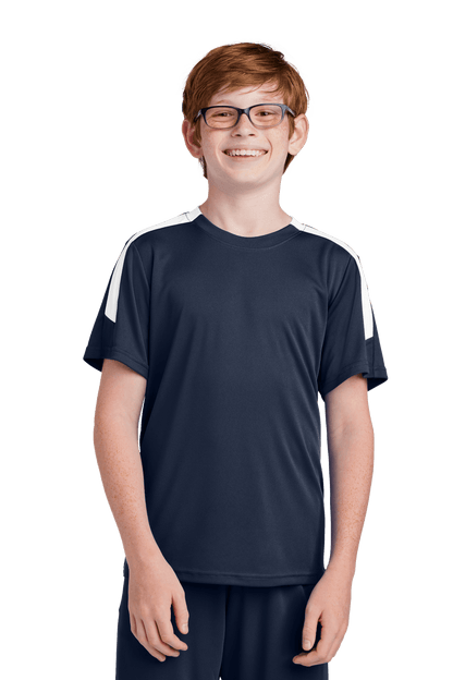 Navy and white custom youth soccer jersey by Sport-Tek with space for name, number, and team logo on the front.