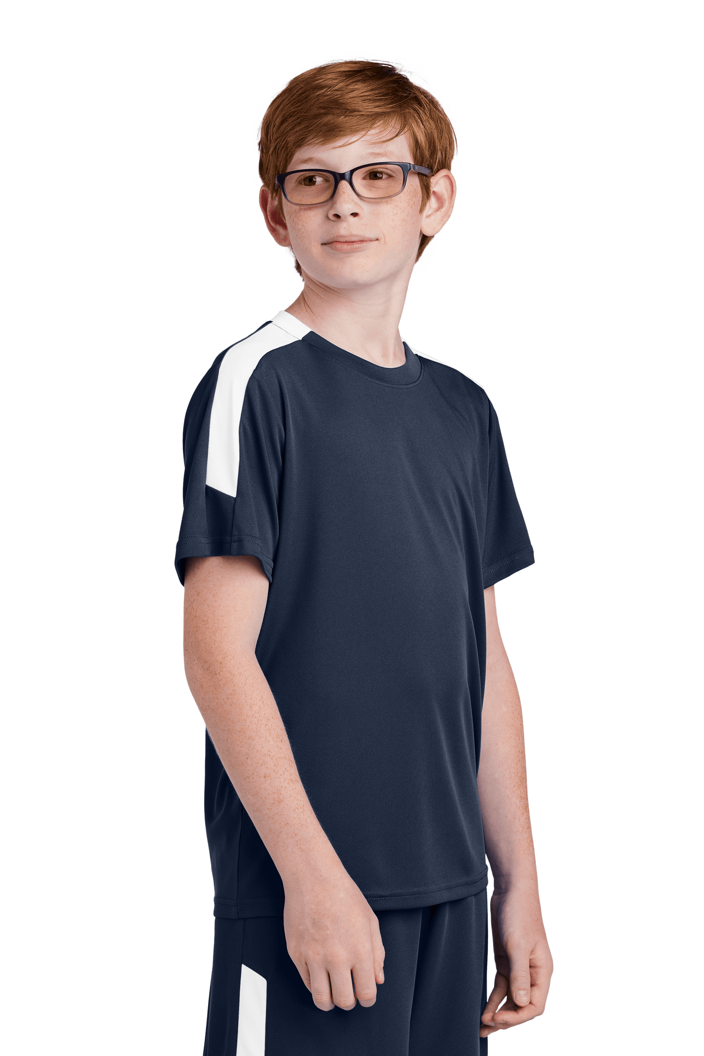 Navy and white custom youth soccer jersey by Sport-Tek with space for name, number, and team logo, shown from side view.
