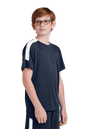 Navy and white custom youth soccer jersey by Sport-Tek with space for name, number, and team logo, shown from side view.