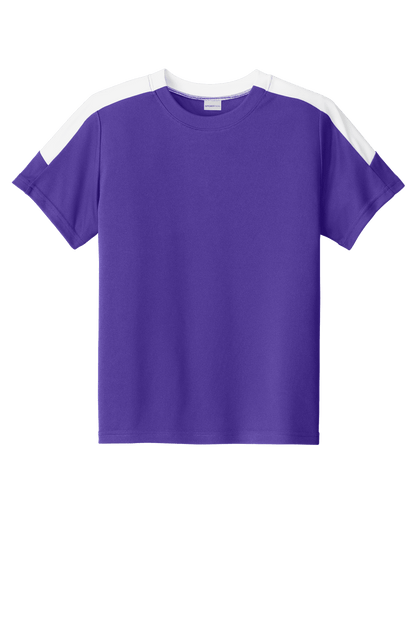 Purple and white custom youth soccer jersey by Sport-Tek with space for name, number, and team logo print.