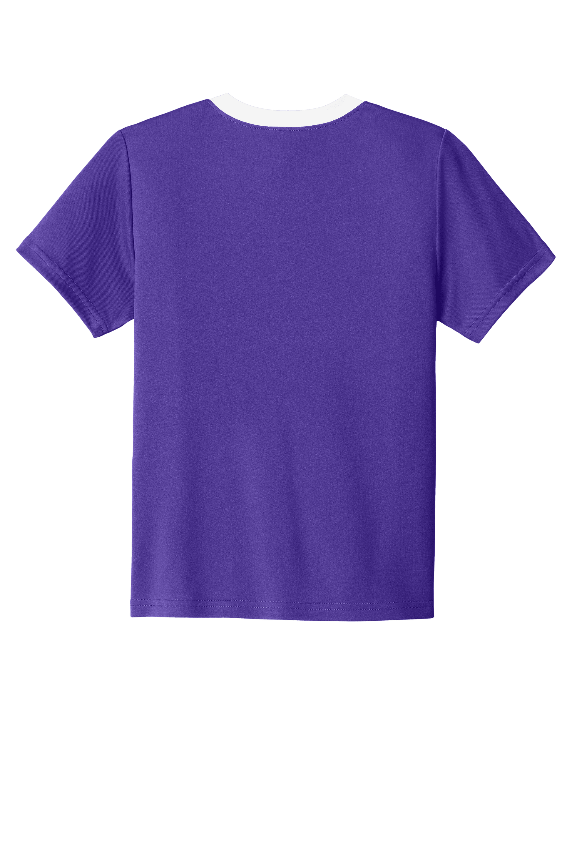 Purple and white custom youth soccer jersey by Sport-Tek with team logo, player name, and number on the back.