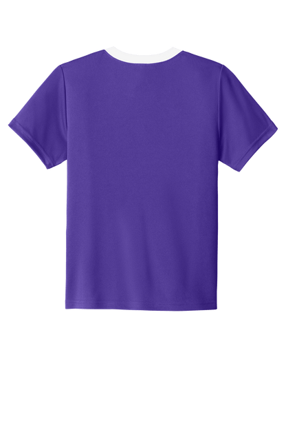 Purple and white custom youth soccer jersey by Sport-Tek with team logo, player name, and number on the back.