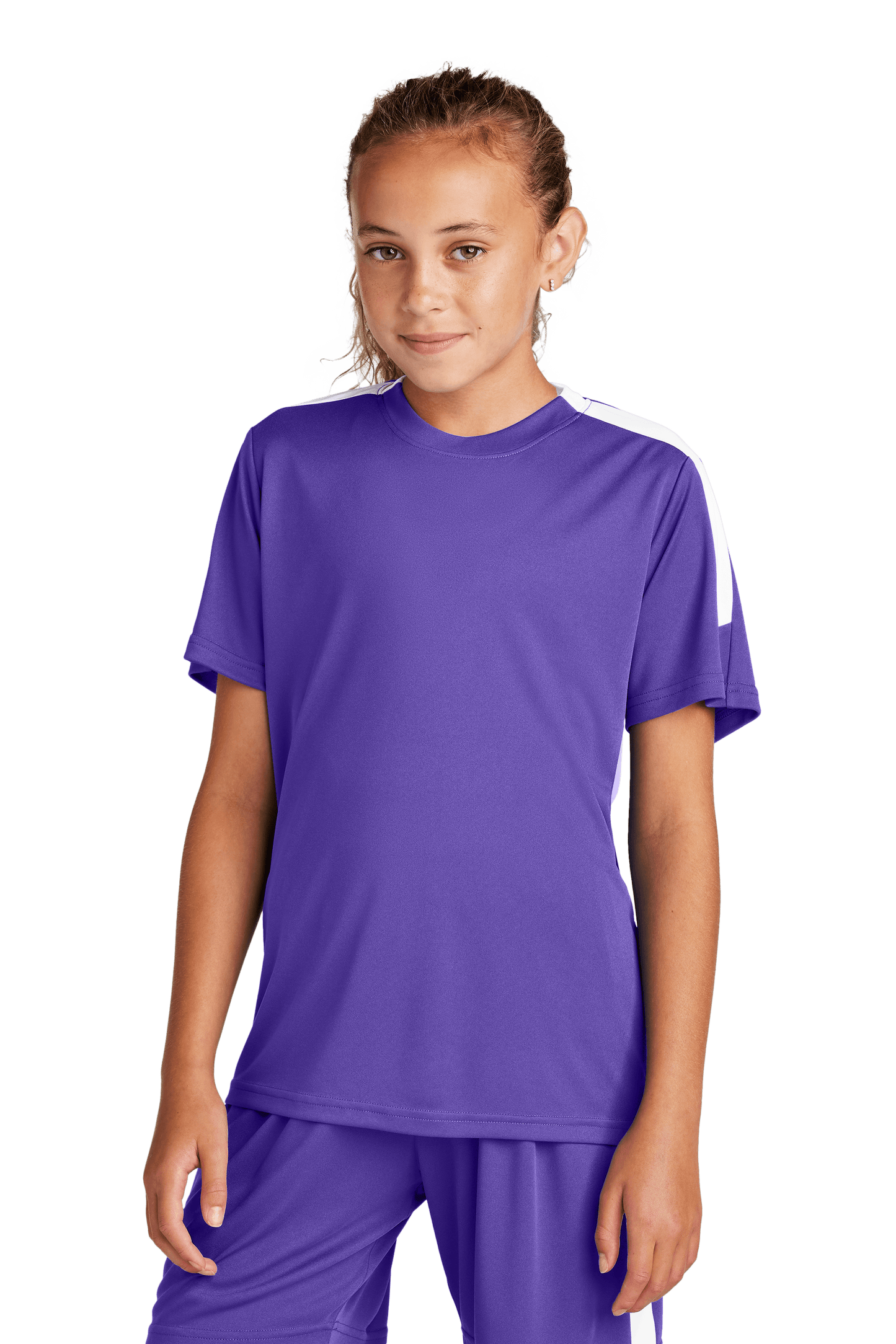 Purple and white custom youth soccer jersey by Sport-Tek, featuring space for name, number, and team logo on the front.