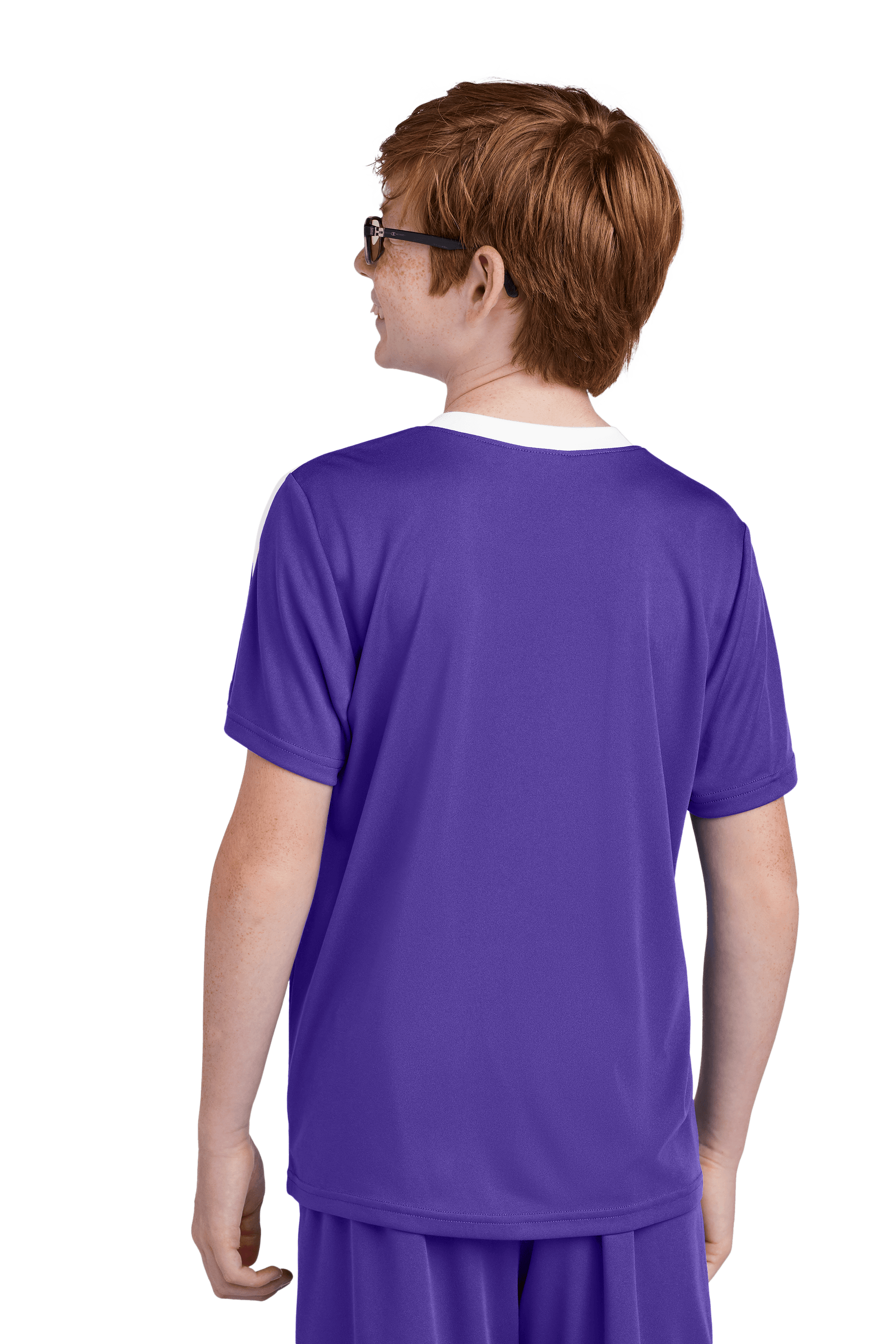Purple custom youth soccer jersey by Sport-Tek featuring printed name, number, and team logo, shown from the back.