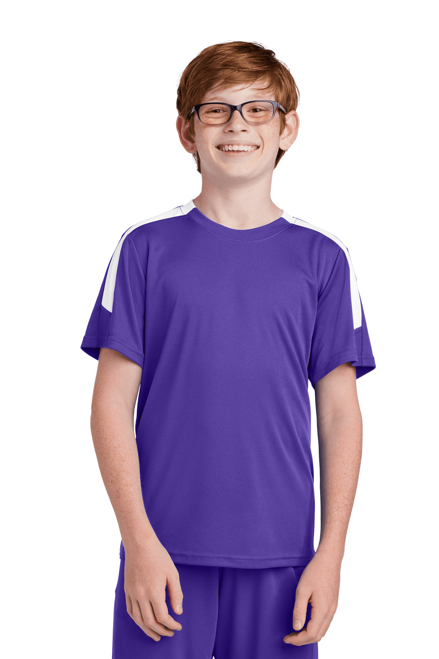 Purple custom youth soccer jersey by Sport-Tek with white accents, featuring space for name, number, and team logo on the front.