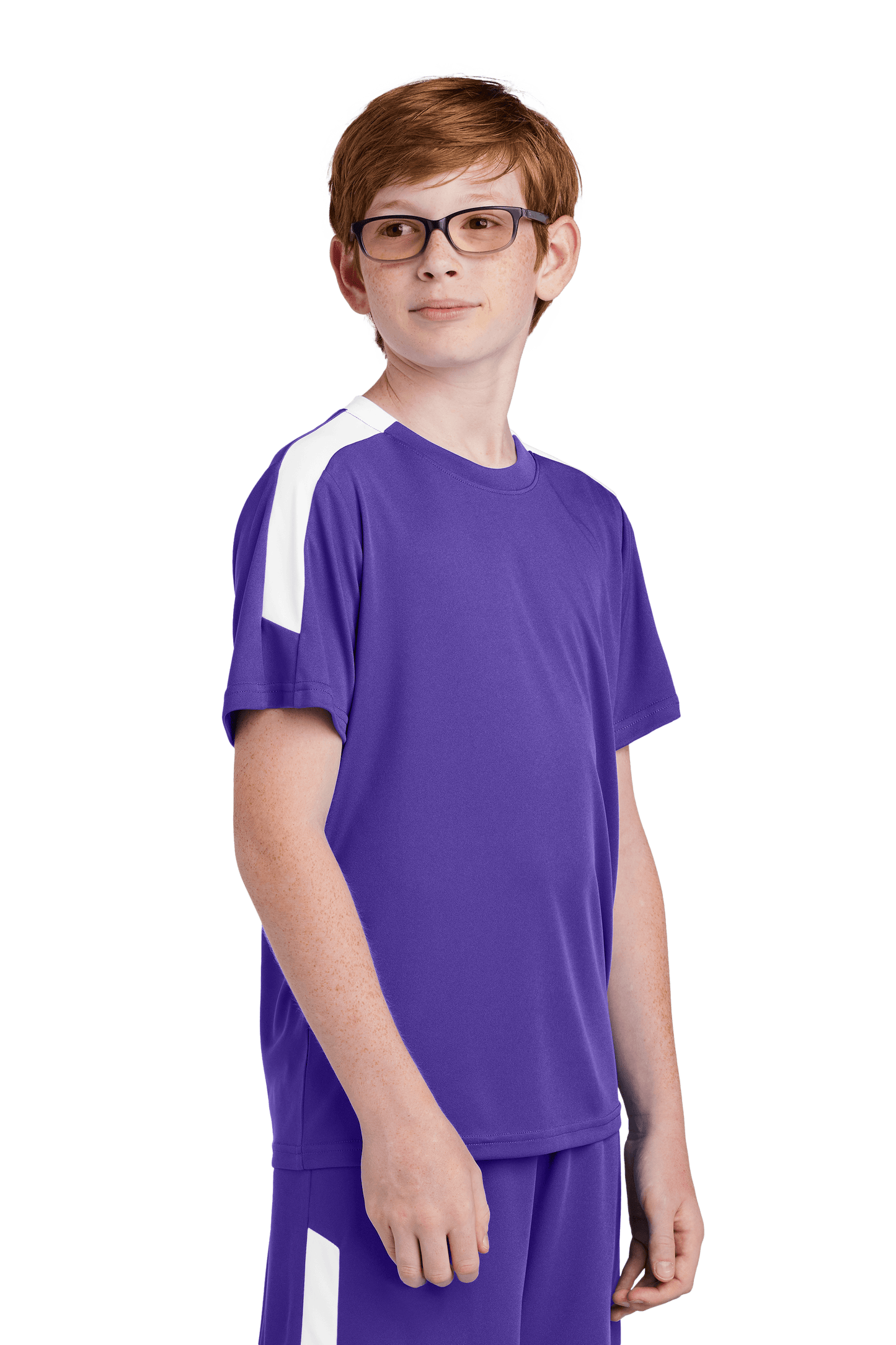 Purple custom youth soccer jersey by Sport-Tek with white accents, featuring space for name, number, and team logo.