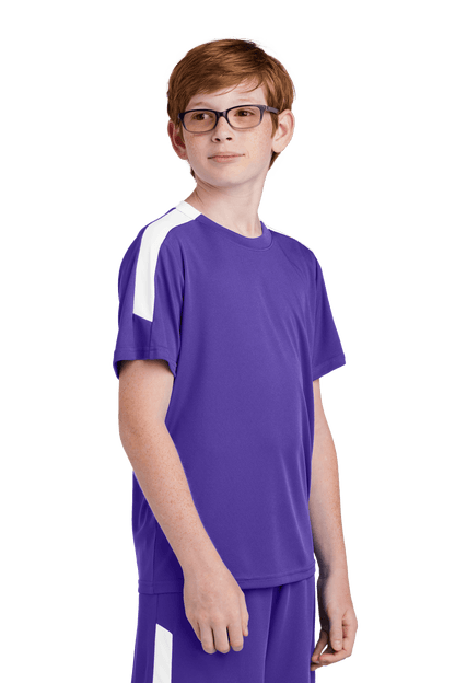 Purple custom youth soccer jersey by Sport-Tek with white accents, featuring space for name, number, and team logo.