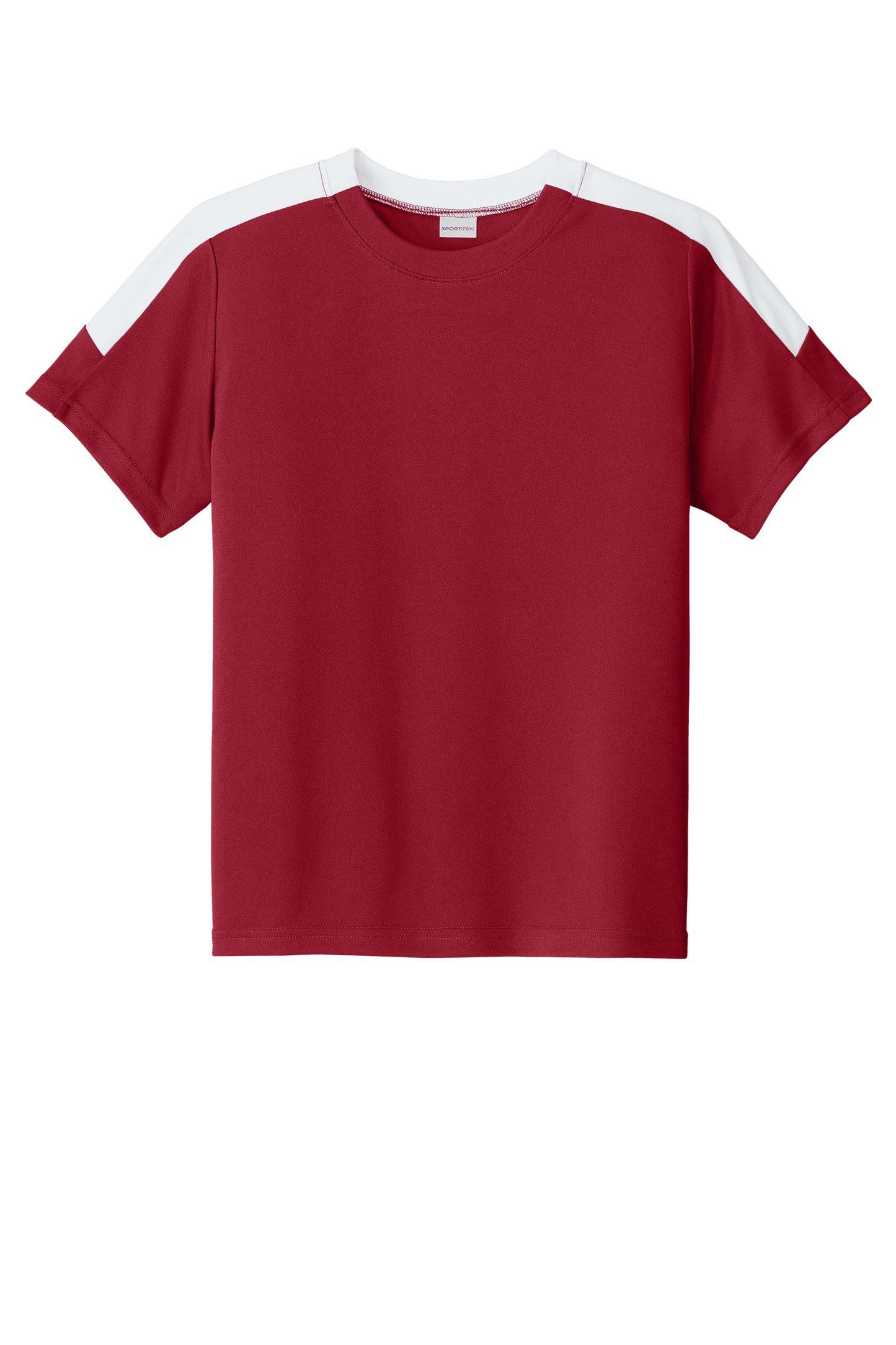 Red and white custom youth soccer jersey by Sport-Tek with space for name, number, and team logo print.