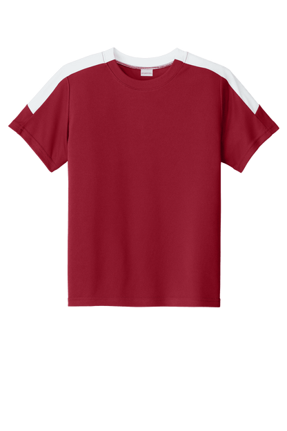 Red and white custom youth soccer jersey by Sport-Tek with space for name, number, and team logo print.
