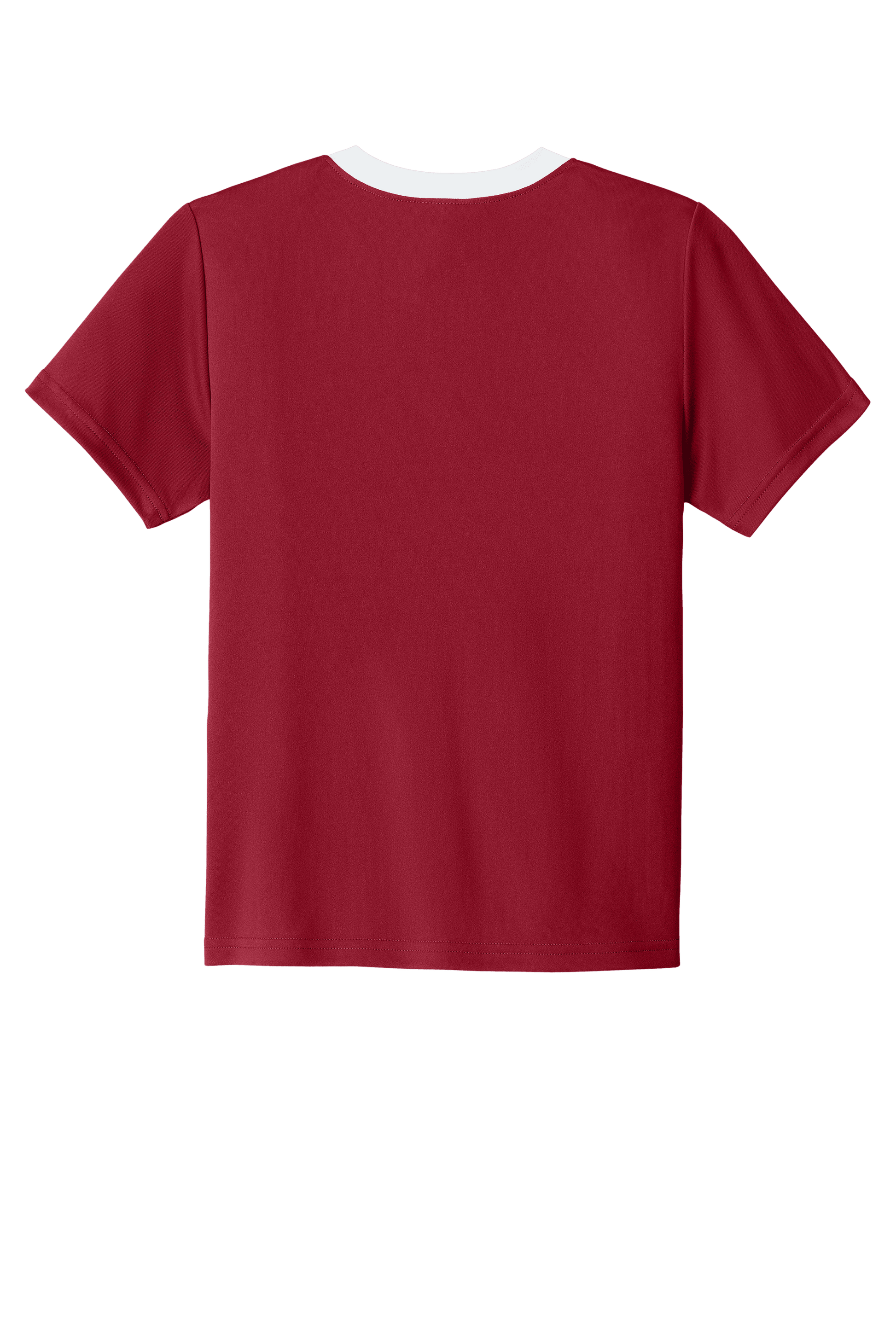 Red and white custom youth soccer jersey by Sport-Tek with team logo, number, and name print on the back.