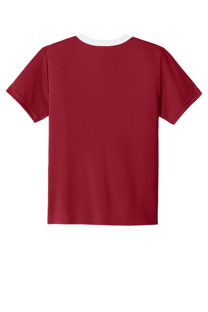 Red and white custom youth soccer jersey by Sport-Tek with team logo, number, and name print on the back.