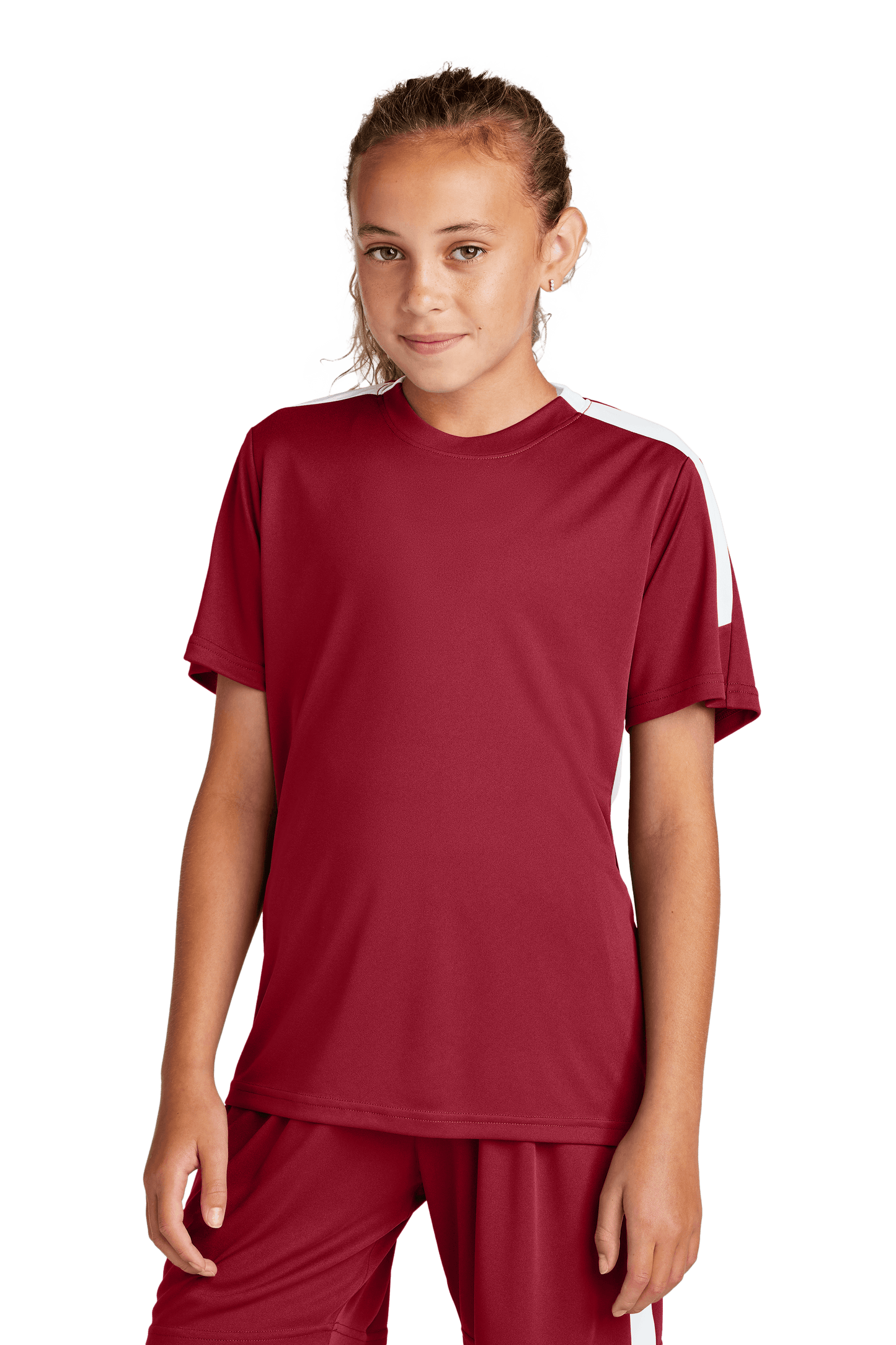 Red and white custom youth soccer jersey by Sport-Tek with space for name, number, and team logo on the front.