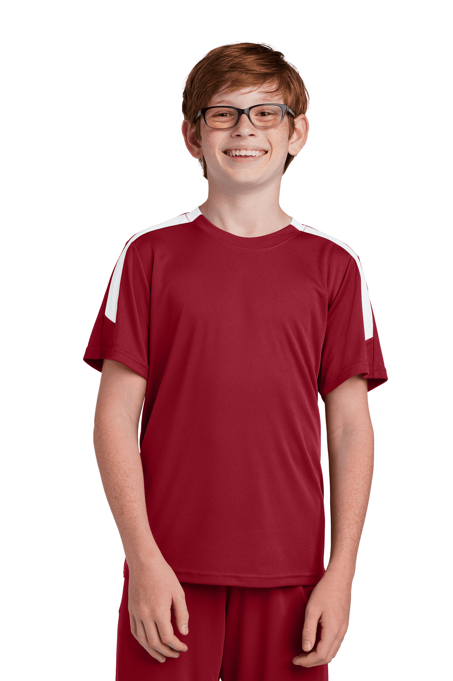 Red and white custom youth soccer jersey by Sport-Tek with team logo, name, and number printed on the front.