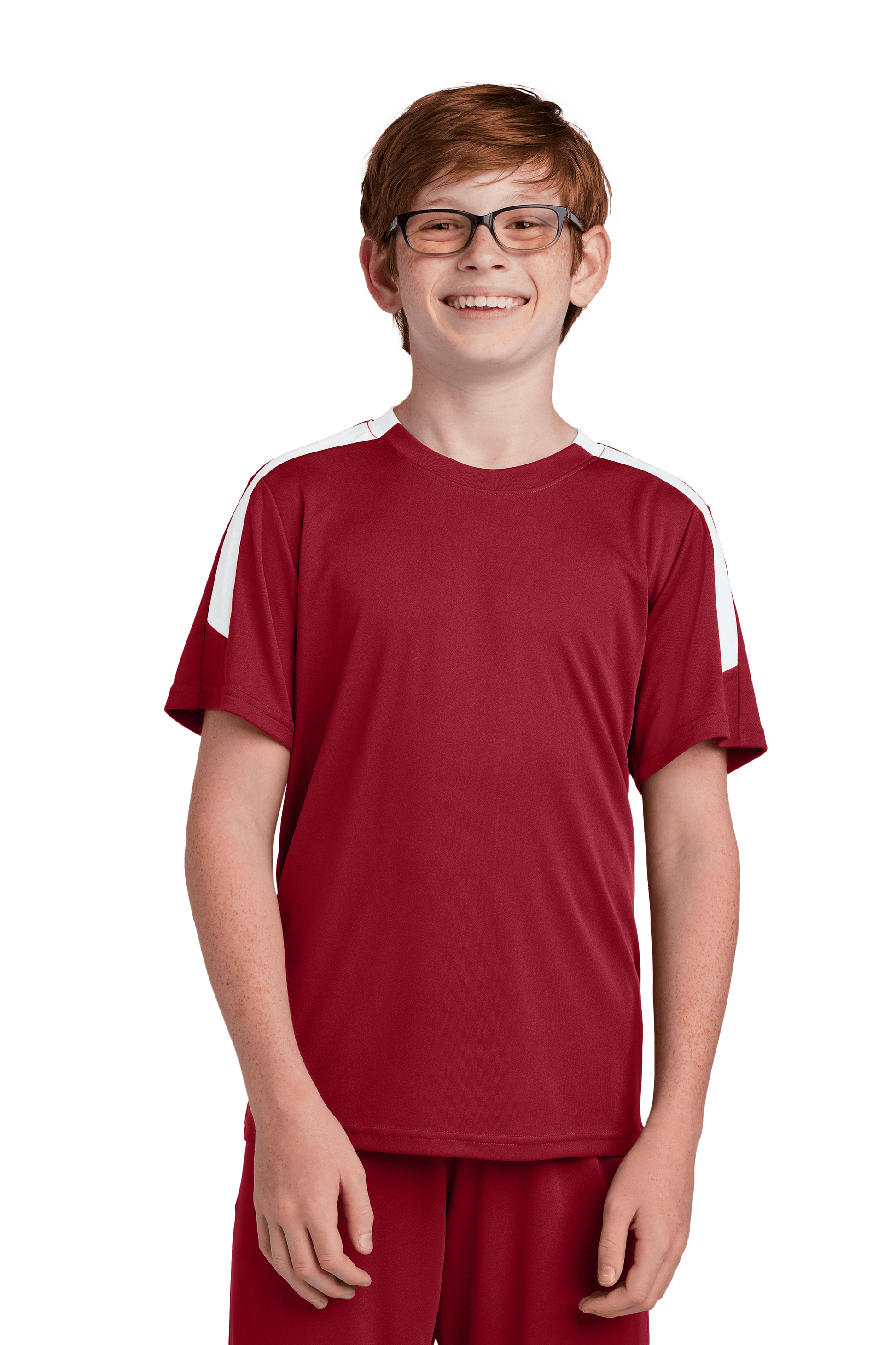 Red and white custom youth soccer jersey by Sport-Tek with team logo, name, and number printed on the front.