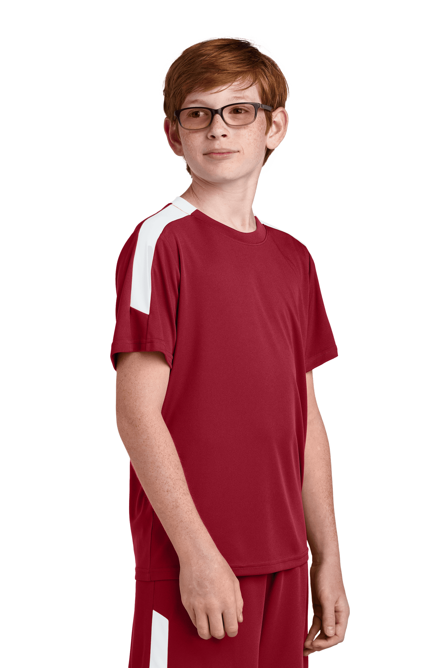 Red and white custom youth soccer jersey by Sport-Tek with team logo, name, and number print, shown from a side view.